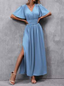 EMERY ROSE Women's Summer Solid Color Overlapping V-Neck Lotus Short Sleeve Side Split Dress, Elegant Maxi Women Outfit - Baby Blue - View 4