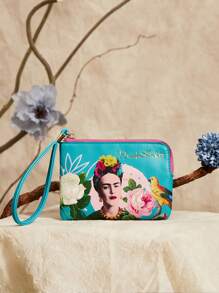 Frida Kahlo X SHEIN Monedero con cremallera con estampado de caracteres y flores, regalo
