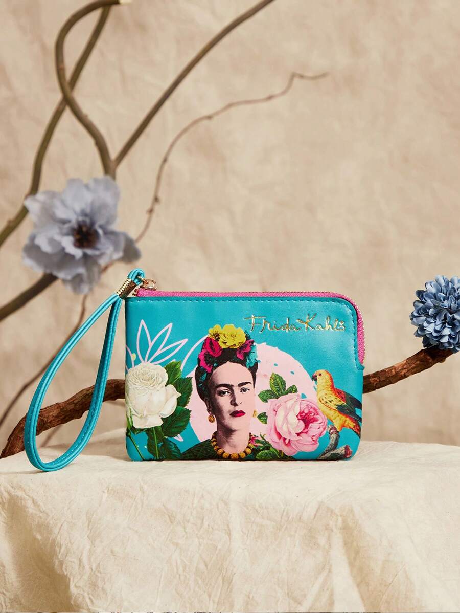Frida Kahlo X SHEIN Monedero con cremallera con estampado de caracteres y flores, regalo