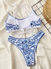 SHEIN Swim Damskie seksowne bikini z kwiatowym nadrukiem na wakacje, losowy nadruk