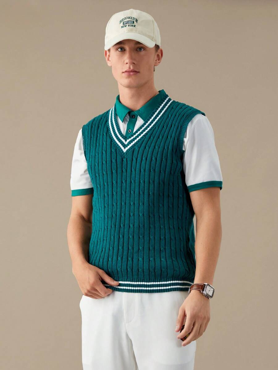 Manfinity RebelGame Men Striped Trim Sweater Vest Without Tee,Back To School - Dark Green - View 1