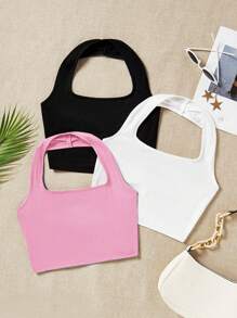 SHEIN EZwear 3pcs Women's Summer Casual Tight Crop Tops, Halterneck Style Back To School - Multicolor - View 10