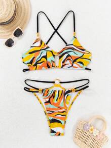 SHEIN Swim 女性流行的夏季度假風格比基尼泳裝套裝 - 彩色 - 查看 8