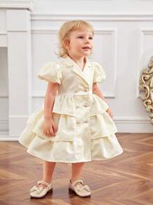 SHEIN Đầm xếp lớp bằng vải satin trơn màu thanh lịch tuyệt đẹp cho bé gái, cổ tay bồng, viền bèo nhún - Màu be - Xem 4