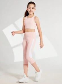 SHEIN Tween Girl Solid Color Simple Daily Sports Outfit - Pink - View 3
