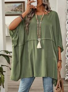 EMERY ROSE Women's Summer Solid Color Round Neck Batwing Sleeve Loose Casual Shirt - Green - View 5
