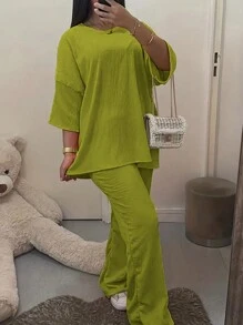 INAWLY Plus Size Solid Color Round Neck Casual Drop Shoulder Sleeve Summer Top And Pants Two Pieces Set - Green - View 5
