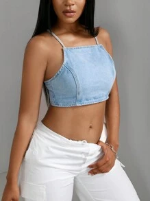 SHEIN SXY Solid Color Summer Denim Spaghetti Strap Backless Tank Top - Blue - View 3