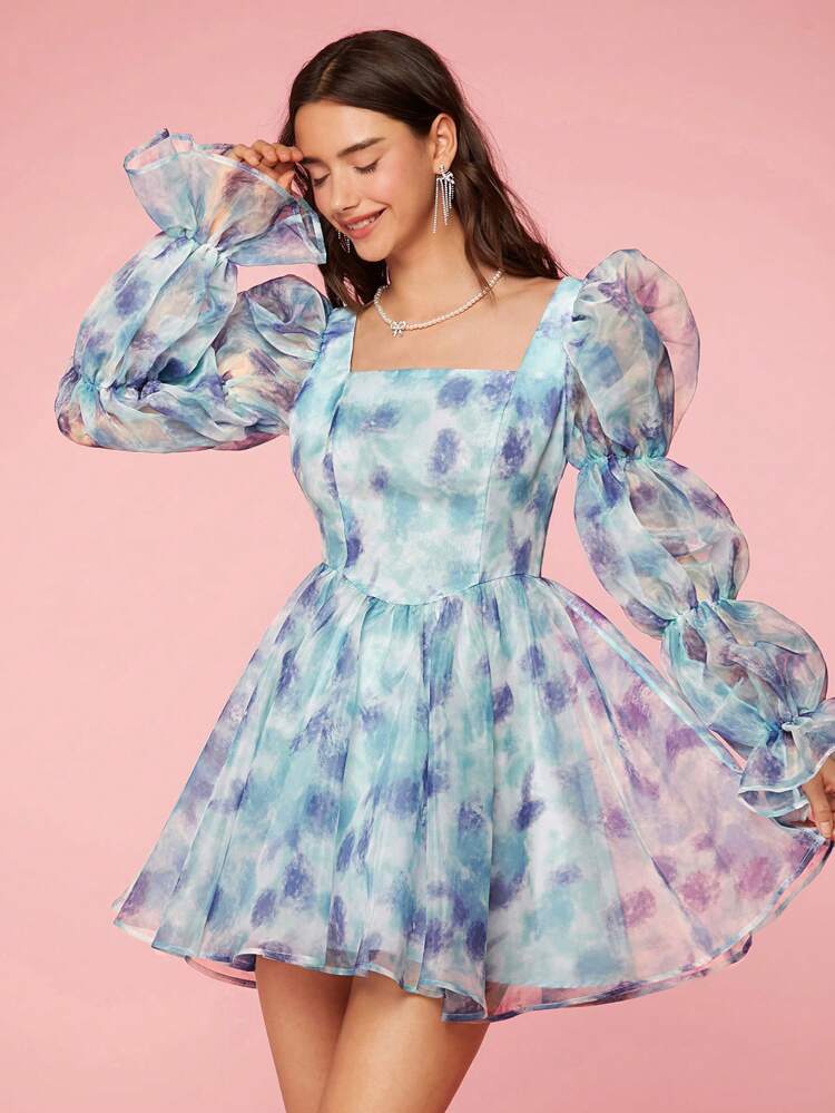 Women's Random Printed Lotus Leaf Sleeve Mesh Dress