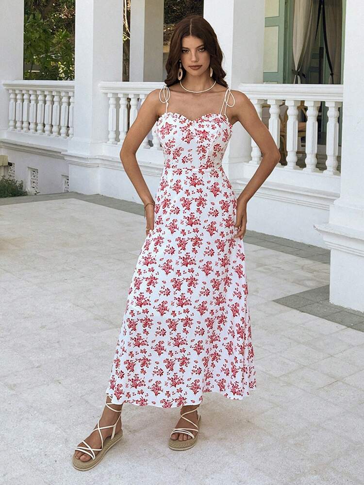 Women's Summer Holiday Ditsy Floral Off-Shoulder Knot Front Dress, Elegant