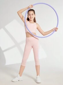 SHEIN Tween Girl Solid Color Simple Daily Sports Outfit - Pink - View 1