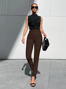 EURMUSE Solid Zipper Fly Skinny Pants - Chocolate Brown - View 5