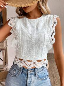 SHEIN Frenchy Blusa sin mangas de mujer para el verano con remiendo de encaje y unicolor, cuello redondo - Blanco - Ver 3