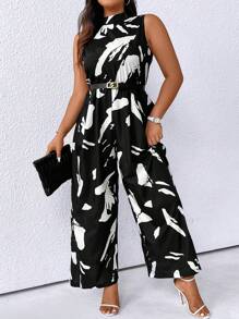 SHEIN Clasi Plus Size Summer Fashion Random Printed Stand Collar Sleeveless Wide Leg Jumpsuit - Black - View 4