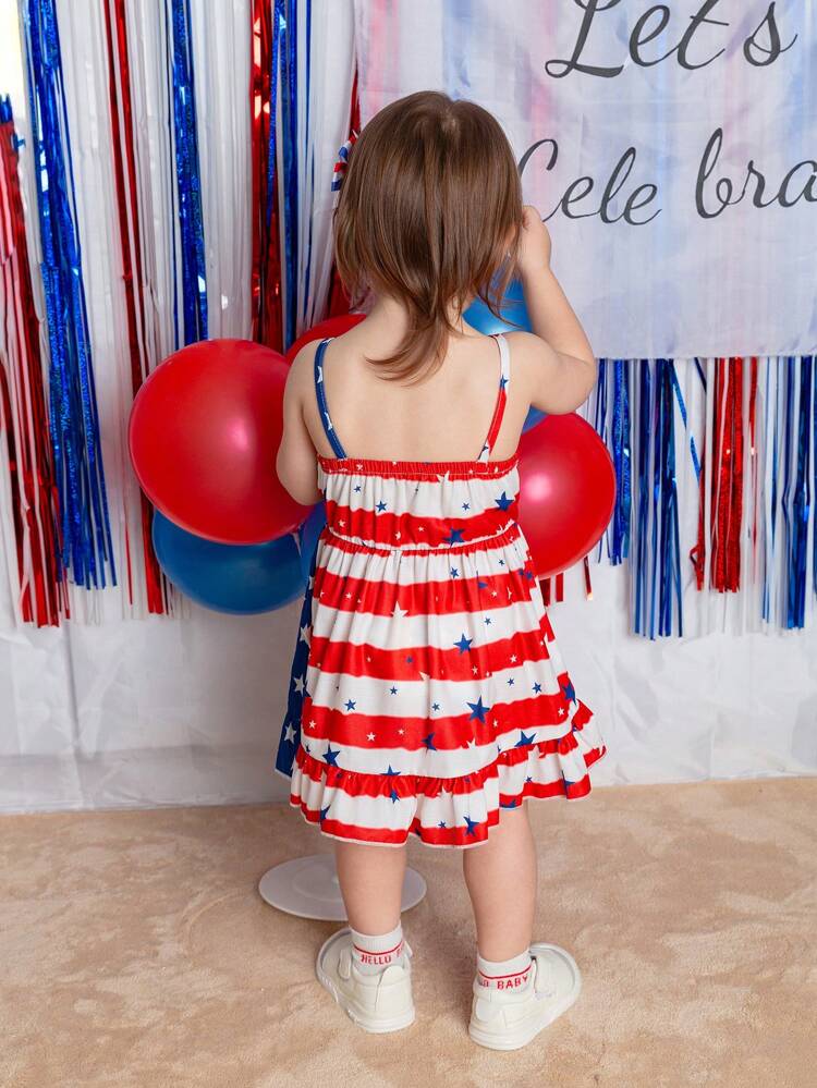 Baby Girls' Casual And Elegant Striped Star Pattern Patchwork Sleeveless Dress, Suitable For Independence Day In Spring And Summer