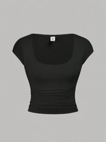 SHEIN Girlism 少女2件套實色短袖針織T恤，大U領口及褶飾 - 黑與白 - 查看 5