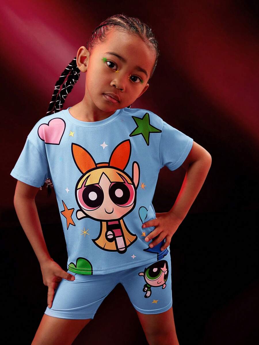 THE POWERPUFF GIRLS X SHEIN 夏季少女卡通圖形拼接下擺寬大T恤和摩托車短褲套裝 - 藍色 - 查看 1