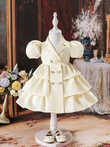 SHEIN Đầm xếp lớp bằng vải satin trơn màu thanh lịch tuyệt đẹp cho bé gái, cổ tay bồng, viền bèo nhún - Màu be - Xem 5