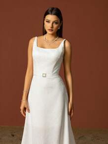 Simple Square Neckline Spaghetti Strap French Style Bridal Dress, Lightweight - White - View 7