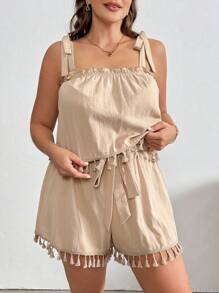 SHEIN Essnce Plus Size Summer Two Sets, Linen Short Two Sets,Summer Outfits Shorts Set ,Summer Clothes Linen Pants Petite Summer Crop Tops Linen Set,Summer Women Two Pieces Set Shorts - Khaki - View 4