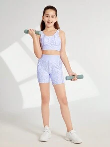 SHEIN Tween Girl Contrast Stitching Print Simple Summer Sports Top And Leggings Set - Purple - View 1