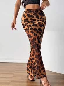 SHEIN Privé 女士豹紋透視高低不對稱裙，低腰款式 - 彩色 - 查看 7