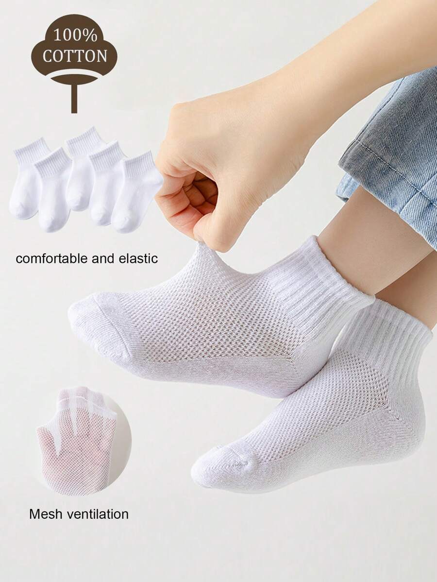 5 Pairs Children's White Mesh Short Socks, Breathable Sweat-Absorbent Sports Socks, Everyday Cotton Socks For Students, Spring/Summer - White - View 1
