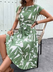 SHEIN LUNE Vestido de mujer con cinturón decorado e impresiones, conjunto de mujer de vestido largo de patrones aleatorios - verde menta - Ver 6