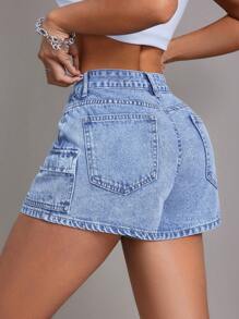 SHEIN ICON 女士休閒高腰水洗牛仔短褲 - 中等水洗藍 - 查看 2
