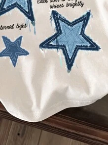 SHEIN Leap Crew 女婴休闲简约五角星图案白色短袖圆领上衣，适合夏季穿着 - 白色 - 查看 4
