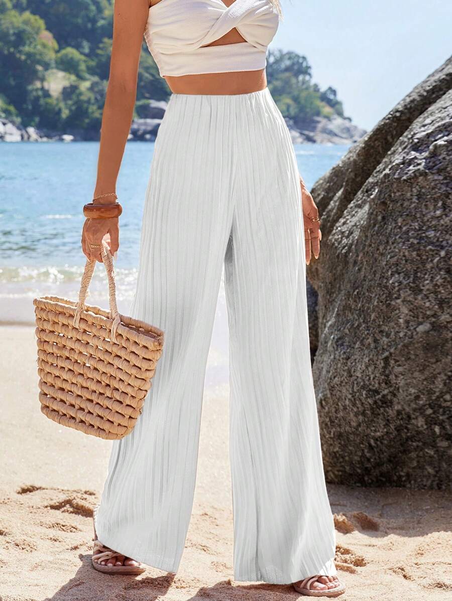 EURMUSE Wide Leg Pants, Pleating Fabric - White - View 1