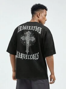 Manfinity VCAY Men's Summer Letter Cross Printed Round Neck Short Sleeve Casual T-Shirt
