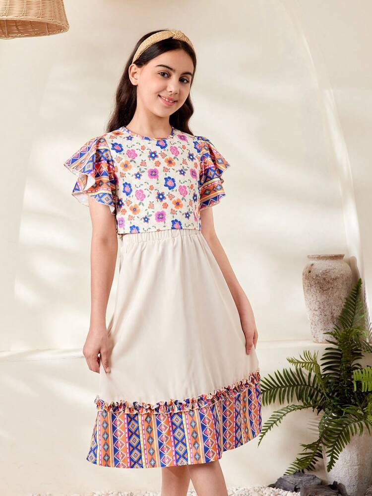 Tween Girl Elegant Floral Print Flutter Sleeve Shirt And Skirt Two-Piece Set
