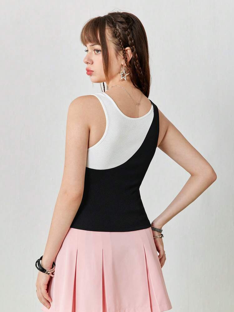 Women's Colorblock Sports Casual Round Neck Summer Crop Tank Top With Embroidery Detail