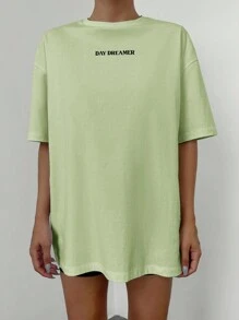SHEIN Cottnline Butterfly & Letter Pattern Print Drop Shoulder T-shirt For Women - Mint Green - View 3