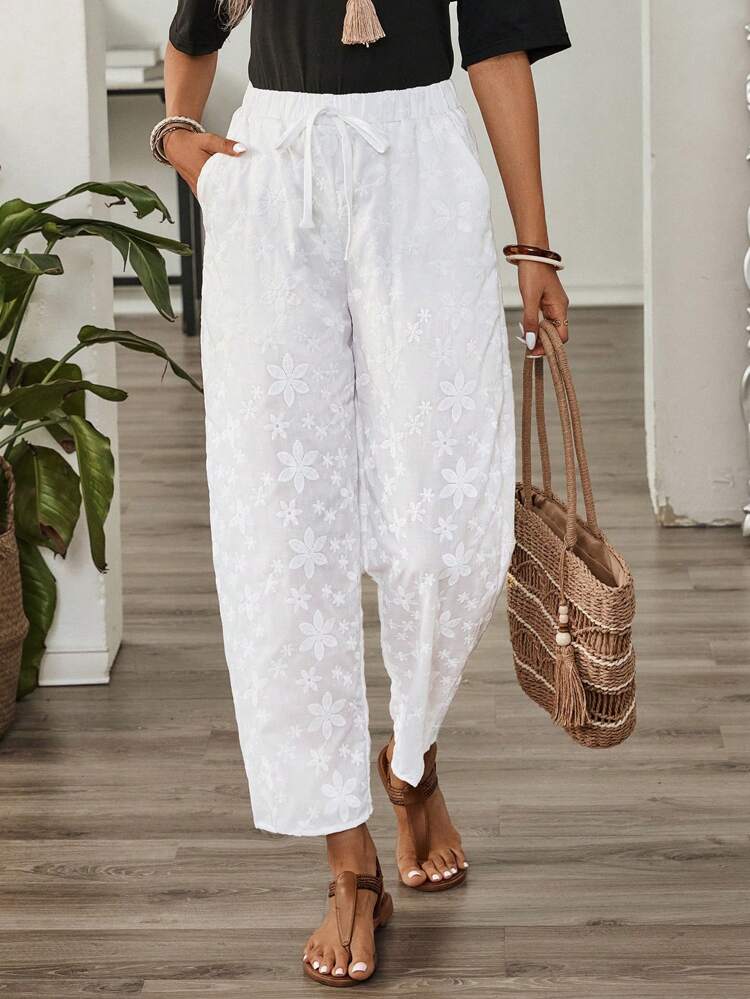 Pantalon long d'été texturé blanc pour femmes