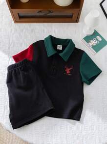 SHEIN 中性嬰兒卡通鹿紋短袖套頭T卹和休閒短褲運動外套，夏季 - 彩色 - 查看 4