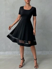 RueChic Women's Square Neck Solid Color Short Sleeve Elegant Summer Dress - Black - View 1