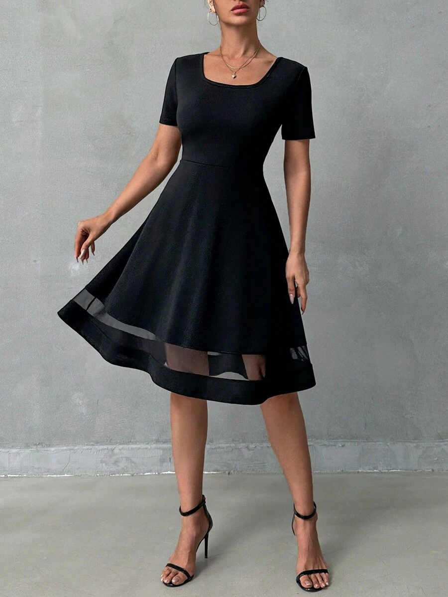 RueChic Women's Square Neck Solid Color Short Sleeve Elegant Summer Dress - Black - View 1