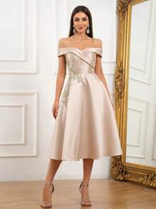 SHEIN Belle Elegante y lujoso vestido color champán para mujer con una silueta sencilla y atmosférica de corte A, con cuello cruzado con bordados elaborados, aplicaciones con cuentas y acabado de satén brillante. Perfecto para ocasiones como celebración del Día de la Madre, festival de música, baile de graduación, fiesta de cóctel, té de la tarde, cita nocturna y reuniones sociales formales. Vestido de invitada a una boda semiformal, para cumpleaños, baile de graduación - Champán - Ver 5