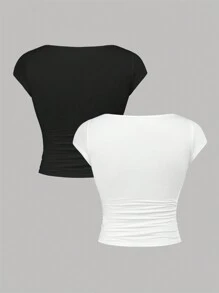 SHEIN Girlism 少女2件套實色短袖針織T恤，大U領口及褶飾 - 黑與白 - 查看 2