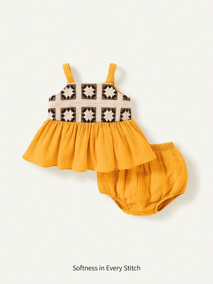 Baby Girl Floral Pattern Knitted Patchwork Sleeveless Jumpsuit With Bloomer Shorts Set