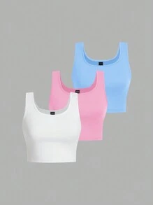 SHEIN EZwear 3 件女式黑色、白色、灰色超短款修身休闲圆领吊带背心，适合夏季 - 彩色 - 查看 12
