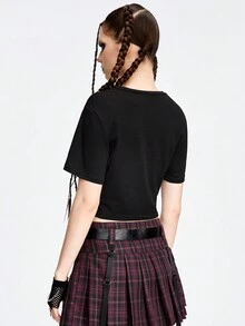 ROMWE Grunge Punk Women's Leopard Print Cross Pattern Punk Style Short Sleeve Slim Fit T-Shirt - Black - View 4