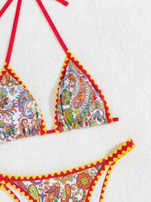 SHEIN Swim Women's Vacation Printed Halter Neck Tie Sexy Bikini Set With Brazilian Bottom(Random Print) Summer