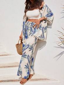Breezaya Women's Loose Bohemian Style 2pcs Set, Featuring A Duster Cardigan With Paisley Flower Print, Fringe Cuffs, And Open Front  And Wide Leg Pants, For Spring And Summer Holiday