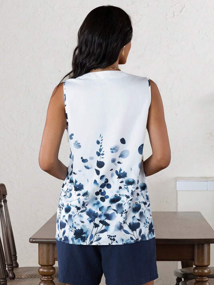 Women's Vacation Floral Print Notched Neck Sleeveless Blouse And Solid Color Shorts Two-Piece Set