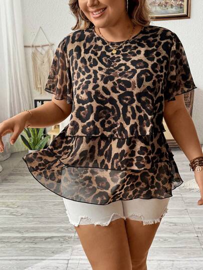 SHEIN LUNE Plus Size Leopard Print Layered Ruffle Hem Pullover Blouse