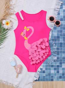 SHEIN Tween Girl Casualowy jednoczęściowy strój kąpielowy z wzorem łabędzia, lato