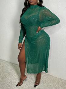 Slaydiva Plus Size Women's Polka Dot Patterned Long Sleeve Top With Side Slits